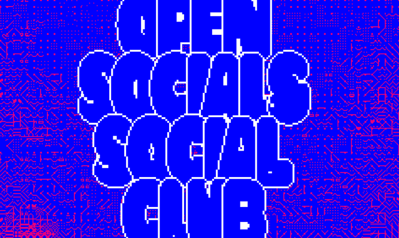 Banner Open Socials Social Club met blauwe achtergrond en wit omlijnde letters