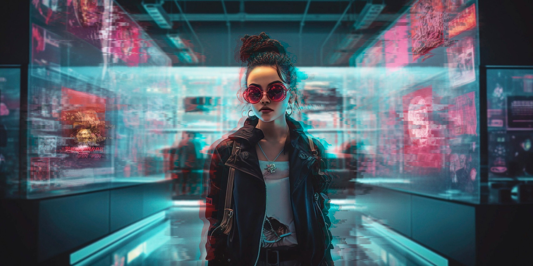 Game illustration from the Escape Fake game, from the Museum of Fake scenario. In the middel we see a female looking character, brown skinned with long hair tied in a bun atop their head, with dread locks circled around them. The person is wearing pink tainted sunglasses. She is surrounded by a gallery of pixellated portraits.