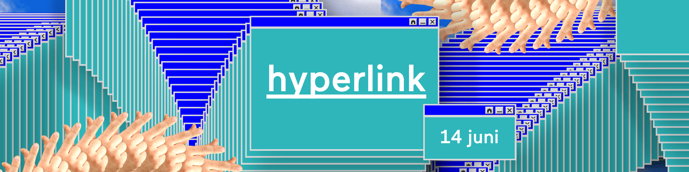 Campagnebeeld van Hyperlink event bestaande uit een repeterend window referent aan vastlopende Windows. De cursor in de vorm van een menselijke hand met uitgestoken wijsvinger wijst naar de eventtitel. 