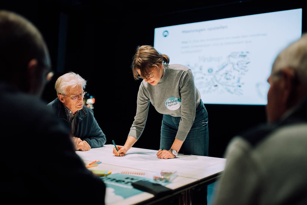 Co-creatiesessie van Hollandse Luchten waarbij mensen meetvragen opstellen op een kaart