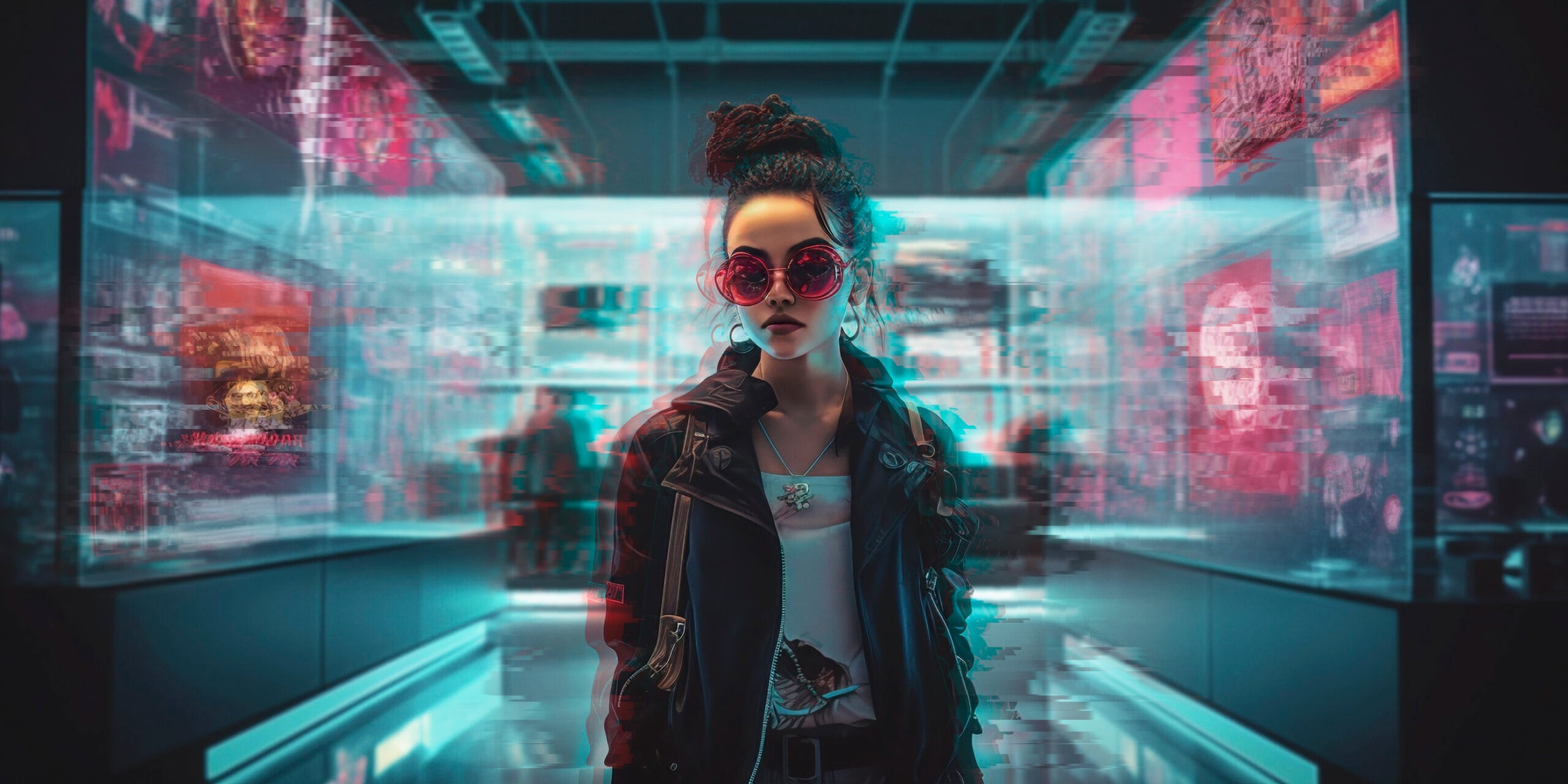 Game illustration from the Escape Fake game, from the Museum of Fake scenario. In the middel we see a female looking character, brown skinned with long hair tied in a bun atop their head, with dread locks circled around them. The person is wearing pink tainted sunglasses. She is surrounded by a gallery of pixellated portraits.