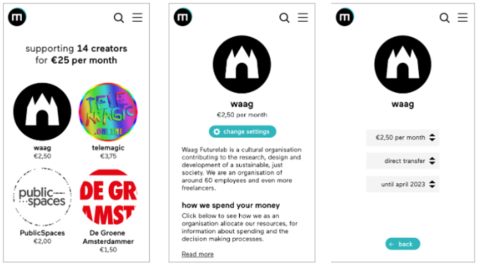 Drie voorbeelden van schermen van de MicroMemberships-applicatie