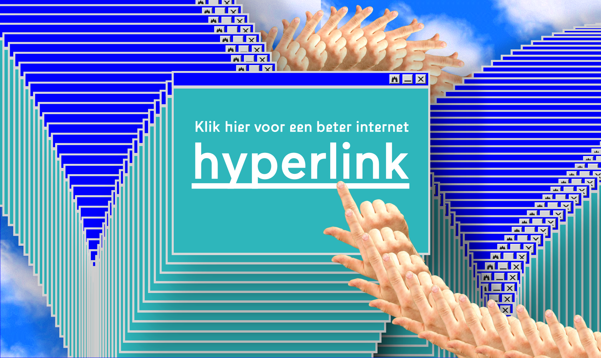 Campagnebeeld van Hyperlink event bestaande uit een repeterend window refererent aan vastlopende Windows. De cursor in de vorm van een menselijke hand met uitgestoken wijsvinger wijst naar de eventtitel. 