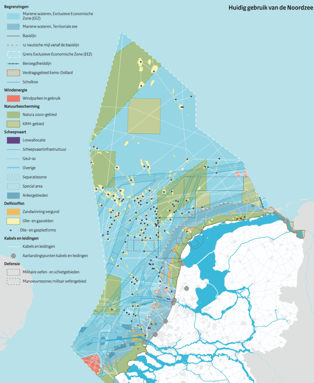 Kaart van de Noordzee met bedrijvigheid en beschermde gebieden