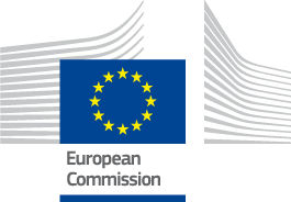 Logo of the European Commission, which has the blue European Union flags with the circle of yellow stars, surrounded by lines that have an opening in the middle.