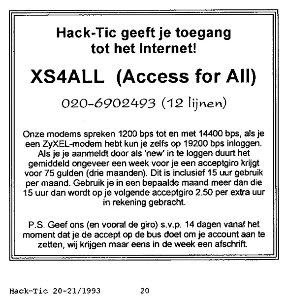 Hack-tic XS4ALL aankondiging in 1193