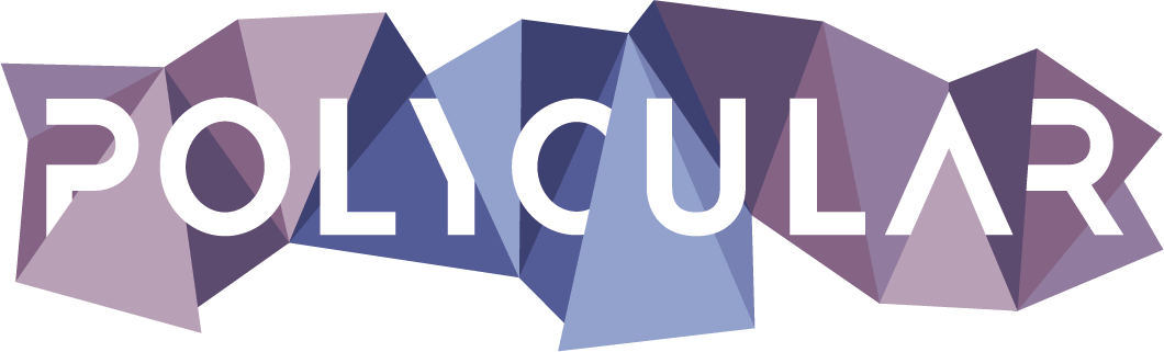 Polycular logo, met in witte letters Polycular omgeven door paarse en blauwe vlakken