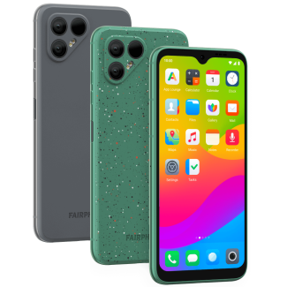 You see the back and front of a smartphone. The back cover in green color shows the logo of Fairphone. The front shows the de-Googled Murena OS.